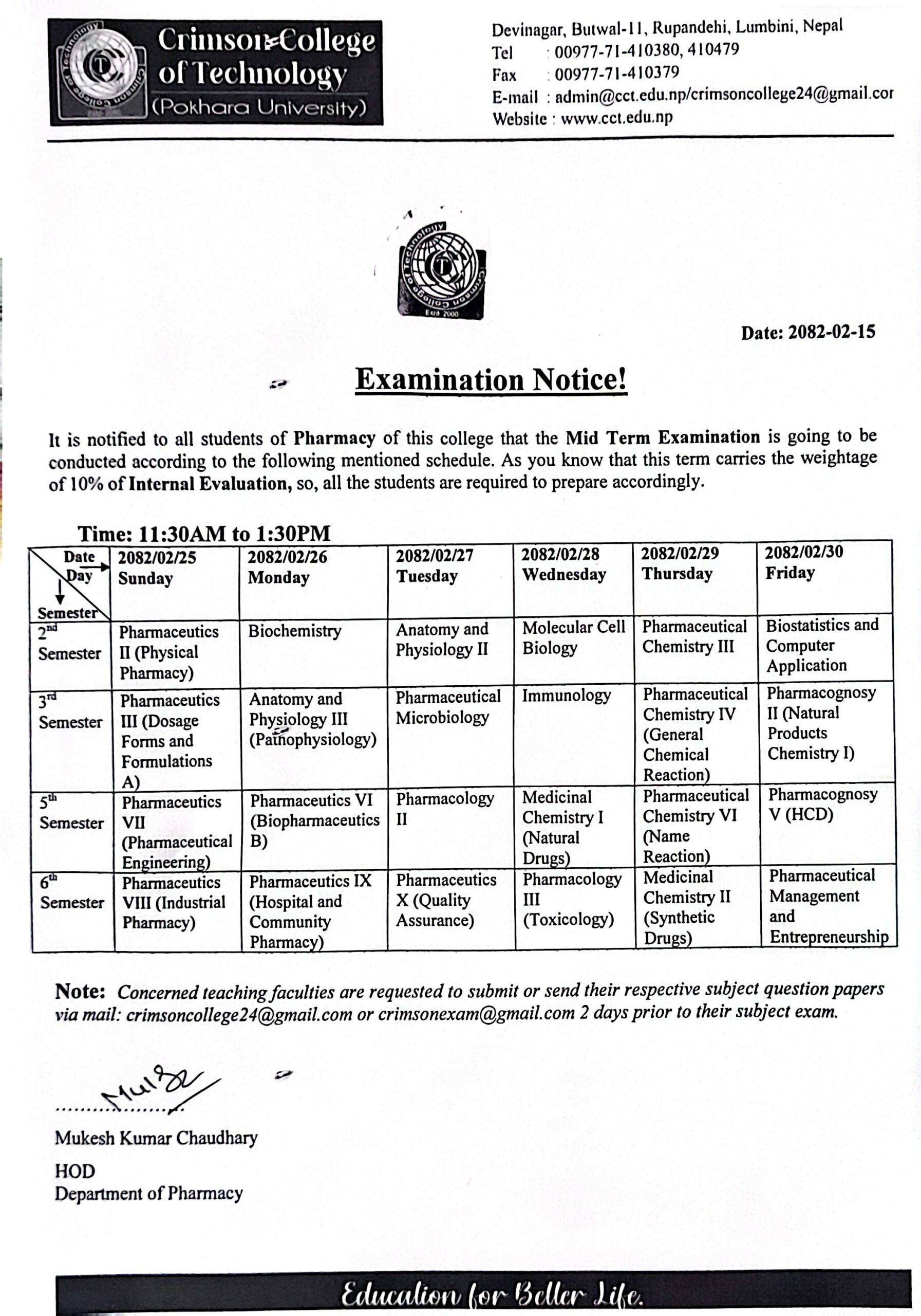 Mid Term Examination Schedule of Spring 2024 - Crimson College of ...